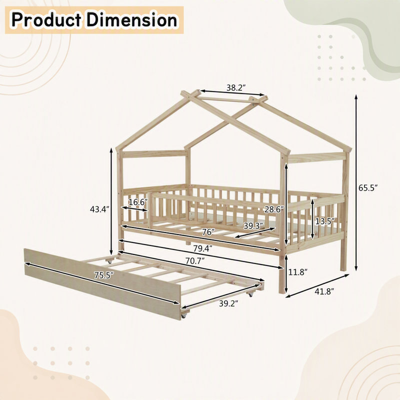 Enchanting Bed House en bois avec lit gigogne simple, un espace de rêve pour dormir, Natural
