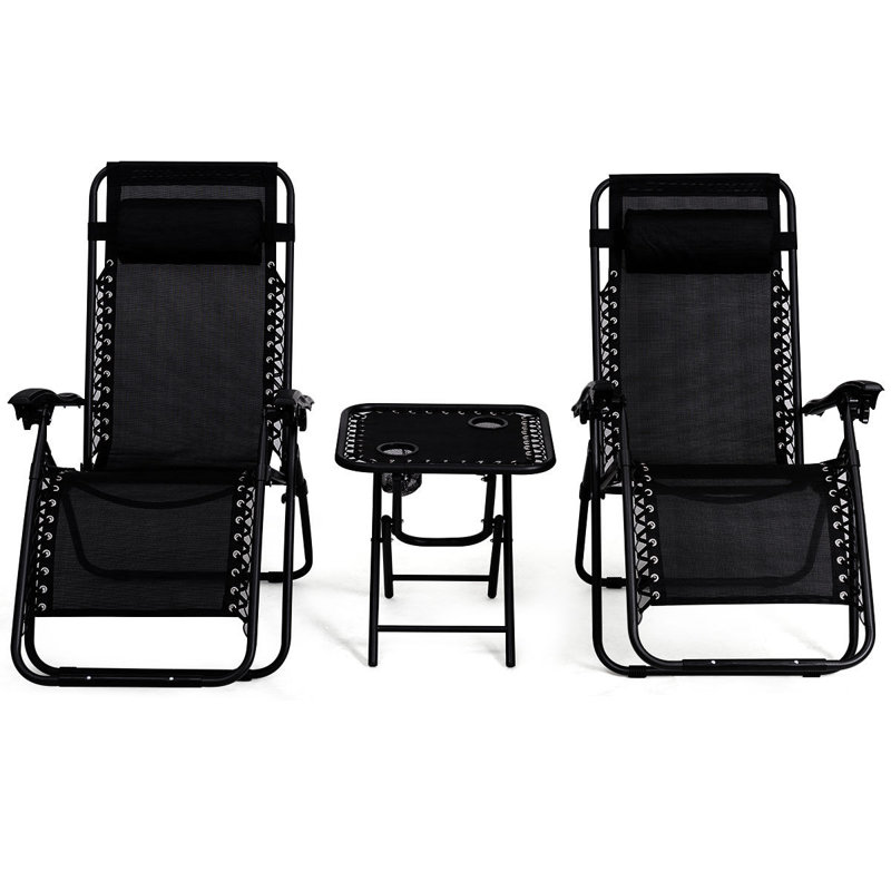 Rowell Outdoor Metal Chaise Lounge Set with Table, Black