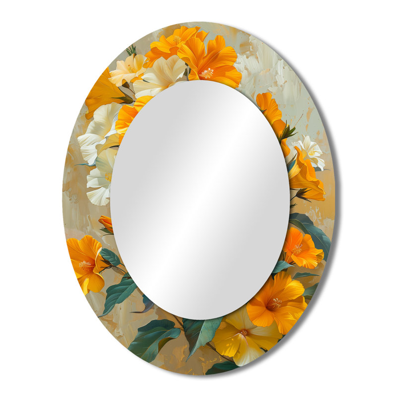 Vibrant Garden Orange White Morning Glory I - Floral Oval Decorative Mirror On Metal, 43" x 33"
