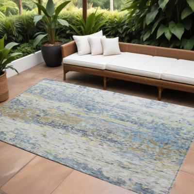 Tapis extérieur lavable abstrait bleu vert et ivoire 9 pi x 12 pi