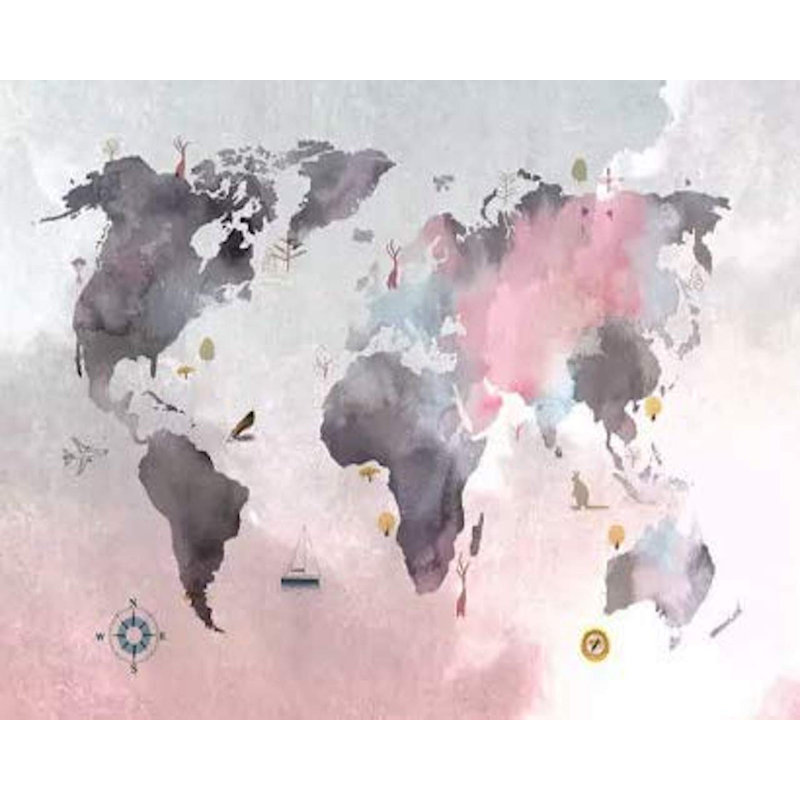 Papier peint rose avec carte du monde scandinave, L 35 po x l 55 po