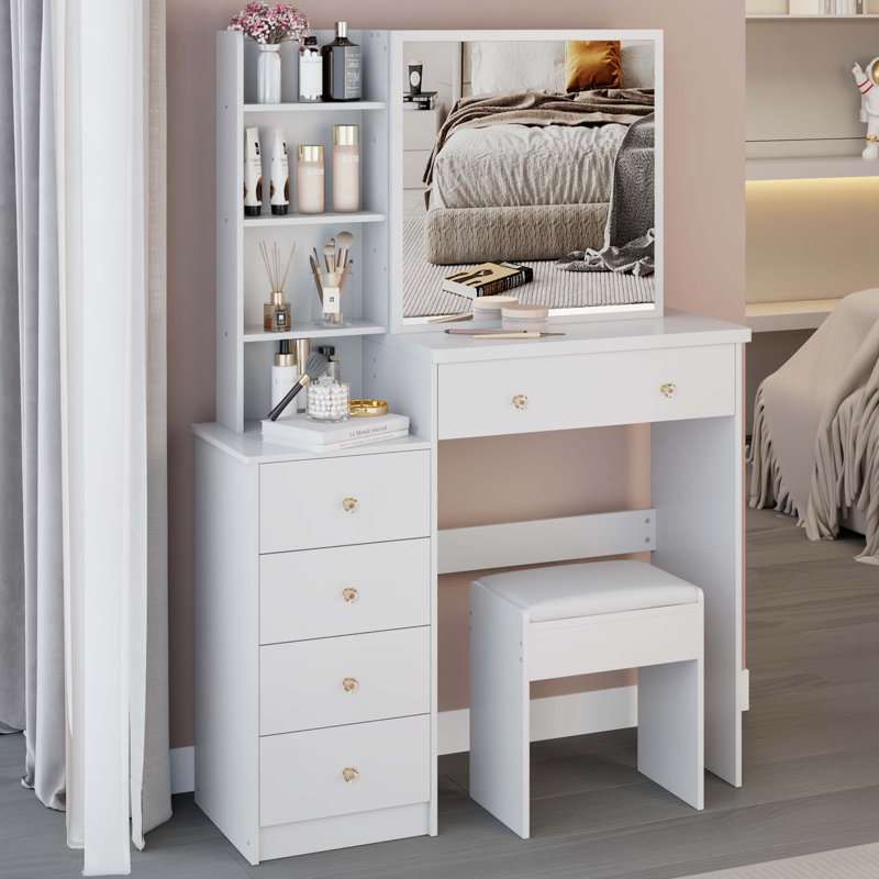 37" Middle Size Left Bedside Cabinet Vanity Table   Cushioned Stool, Extra Large Right Sliding Mirror, Multi Layer High Capacity Storage, Practical Fashionable Dresser, Suitable For Large Space