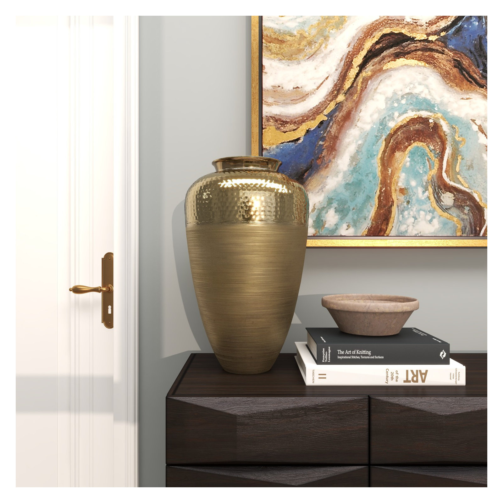 Aluminum Metal Brushed Decorative Gold Vase with Hammered Top, 19.8" H x 12" W x 11.95" D