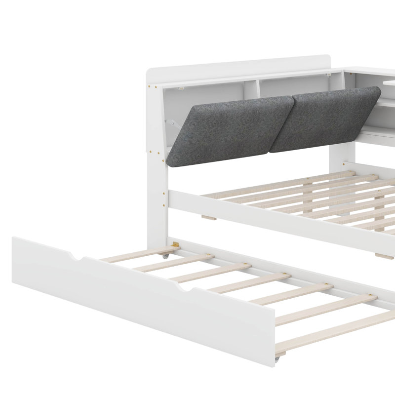 Lit plateforme double avec lit gigogne, tablettes et tête de lit, Blanc