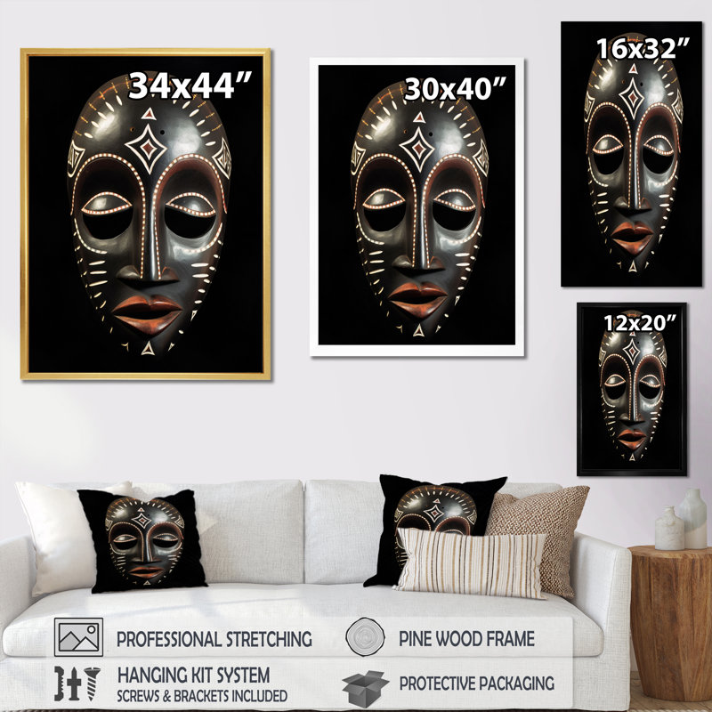 Masque ethnique traditionnel africain XIX, H 40 po x l 30 po x P 1,5 po, Cadre flottant doré