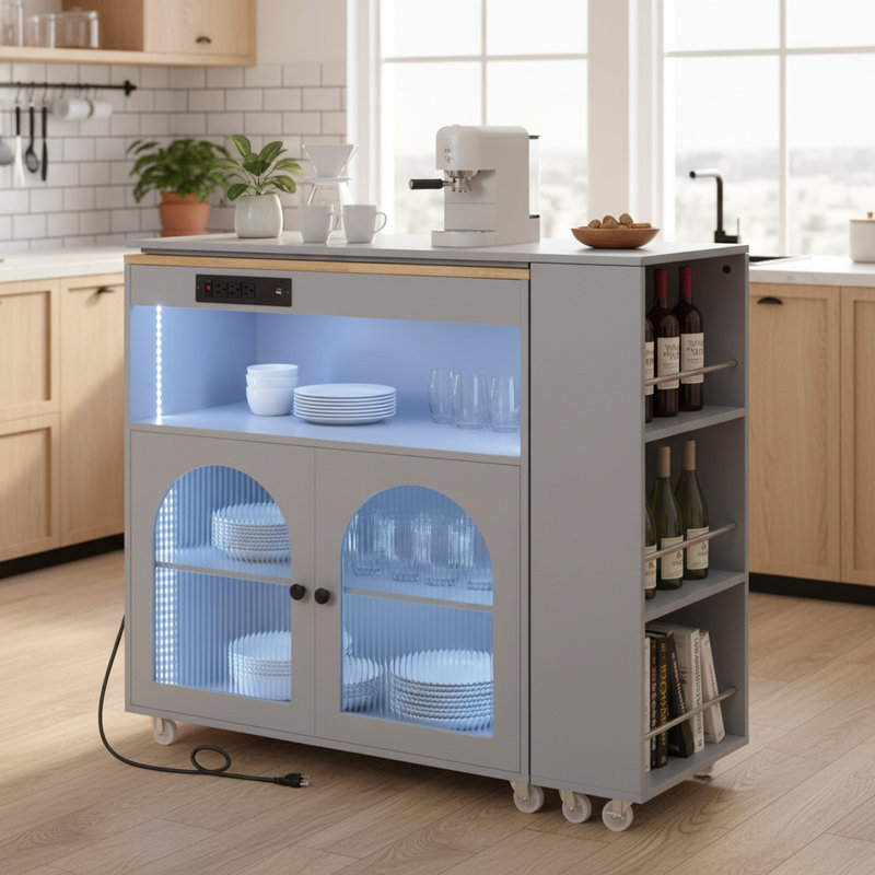 Garde-manger roulant, îlot de cuisine avec table allongée, lumières DEL, prises de courant, portes en verre cannelé et tablettes de rangement, gris nuage