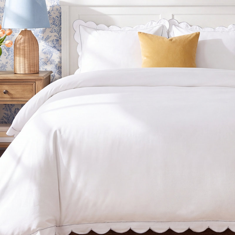 SCALLOP FRAME PERCALE DUVET SET, Twin Duvet Cover + 1 Standard Sham, White
