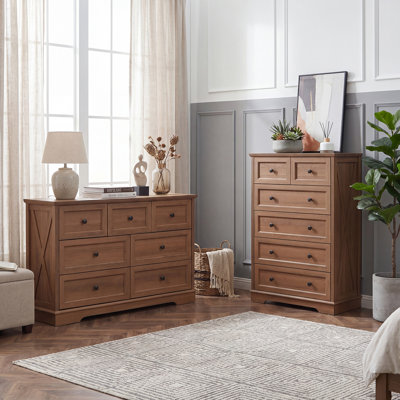 Merrell 2 Pieces Bedroom Set, 6 Drawer Dresser And 7 Drawer Dresser, Natural