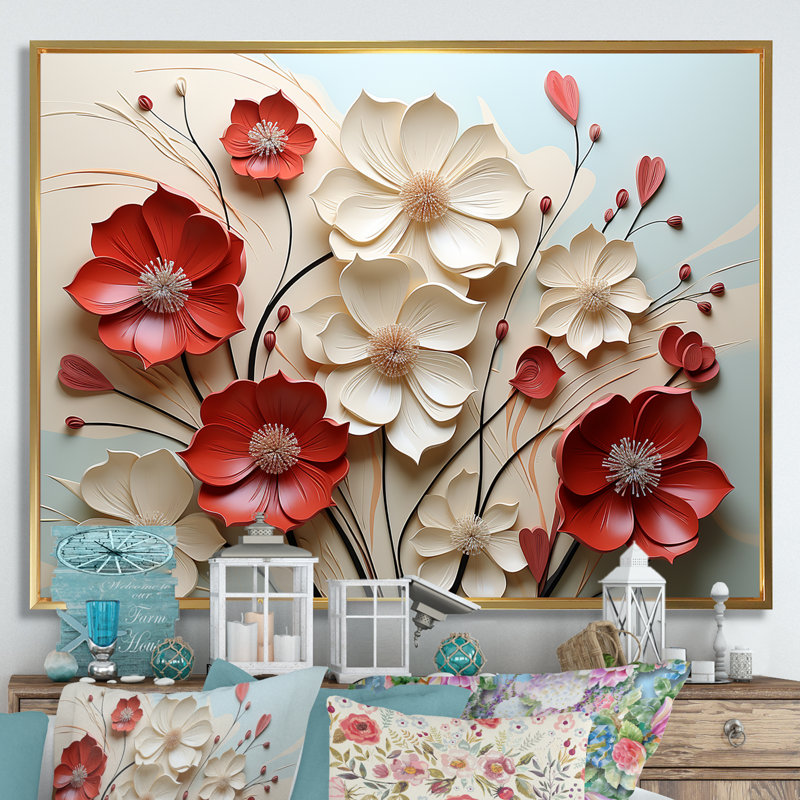 Rouge et blanc cramoisi fleur s Étreinte - art mural fleur, H 30 po x l 40 po, Reproduction avec cadre flottant, Doré