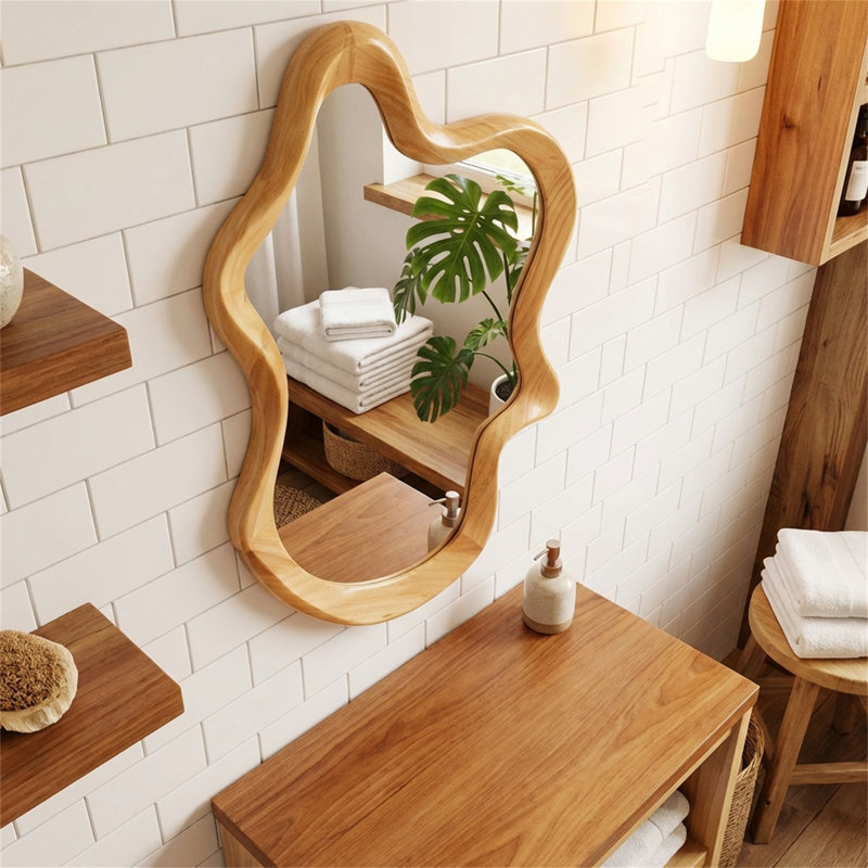 Miroir mural de forme irrégulière avec cadre en bois naturel