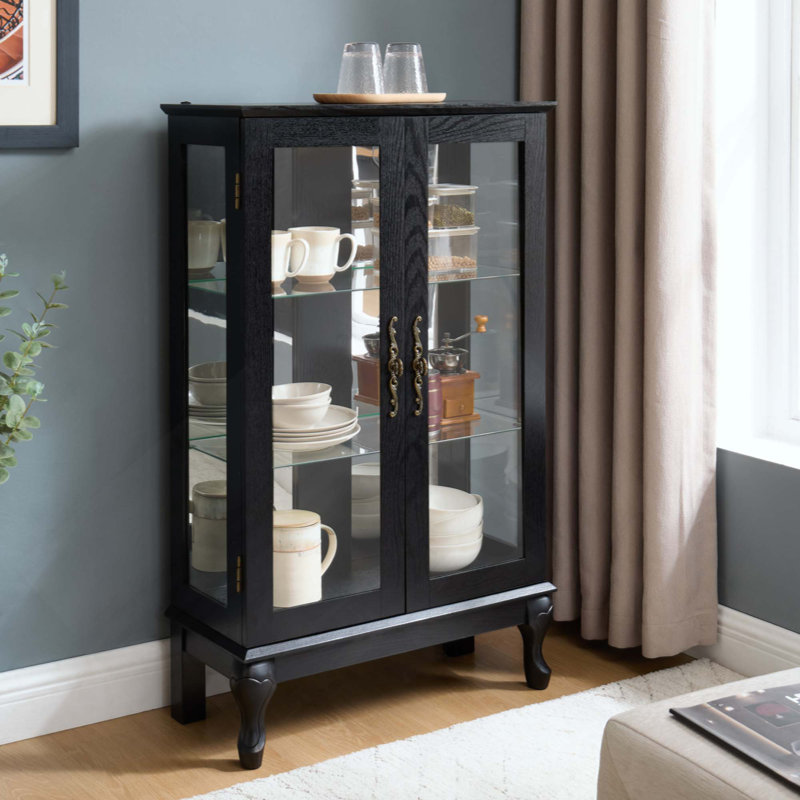 Curio Cabinet With Tempered Glass Doors, Lighted Display Cabinet With Mirrored Back Panel & Adjustable Shelves Perfect For Home Or Office (Light Bulb Included)