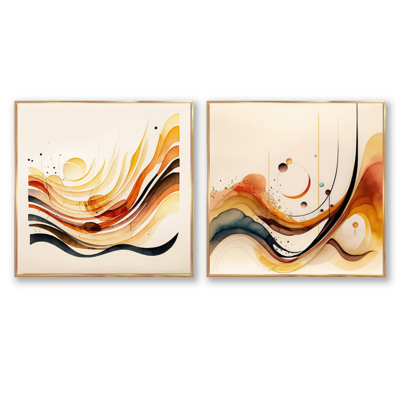 Burnt Orange Waves Abstract - Modern Square Collage Set Of 2, 16" H x 33" W, Gold Floater Framed