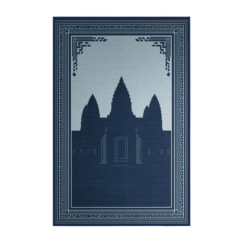 Soft Plush Beecher Angkor Wat Cambodia Global Inspired Block Print Area Rug in Gray – Navy Binding, 5x8