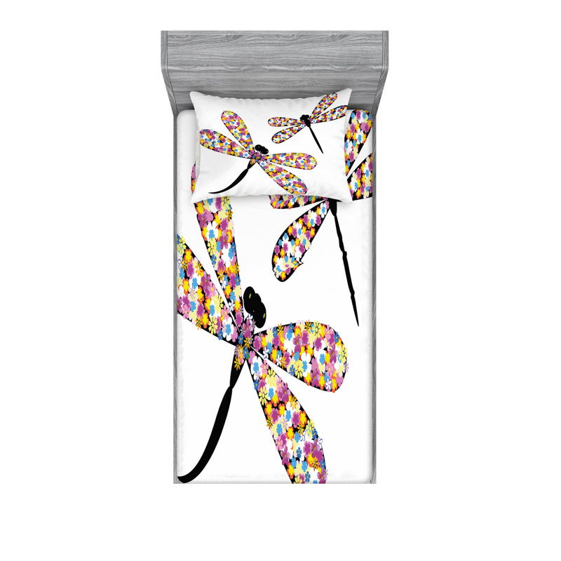 Ensemble de draps papillons et libellules, Ensemble de draps pour lit simple TG avec drap-hou