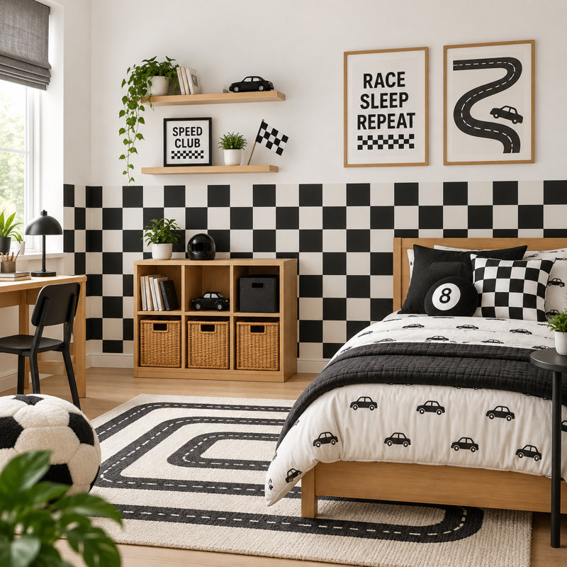 Adhésif décoratif demi-damier noir et blanc de 72 pouces de large, 40 pouces de haut, L 72 po x H 40 po, Noir et blanc