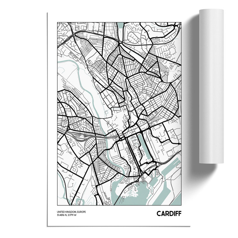 Map Cardiff UK - Unframed Graphic Art, 30cm H x 21cm W x 0.1cm D