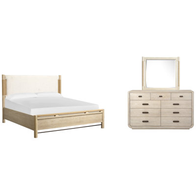 Grand lit tapissier à panneau et commode 9 tiroirs avec miroir de paysage Regulski