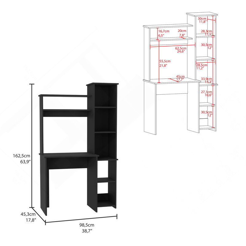 Bureau d'écriture, deux tablettes supérieures, cinq casiers - noir
