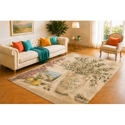 Tapis à motif de branches d'olivier méditerranéen "Ultra léger" 5 pi x 7 pi, tapis intérieur antidérapant à poils courts doux pour le salon, la cuisine, la salle à manger, le vestibule et le décor de maison de campagne rustique, vert