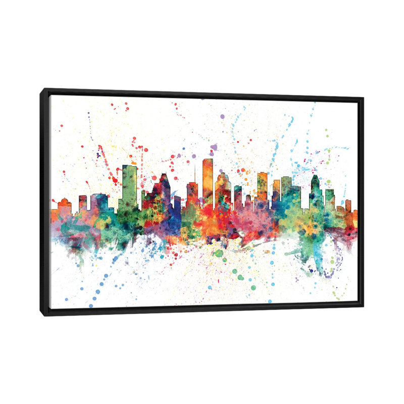Houston, Texas, USA par Michael Tomptsett - reproduction d'art sur toile, H 18 po x l 26 po x P 1,5 po, Toile avec cadre noir