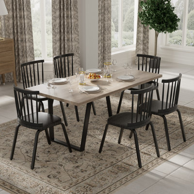 7 Pieces Modern Farmhouse Rectangle Dining Set with Mid-century Windsor Chair Set for 6