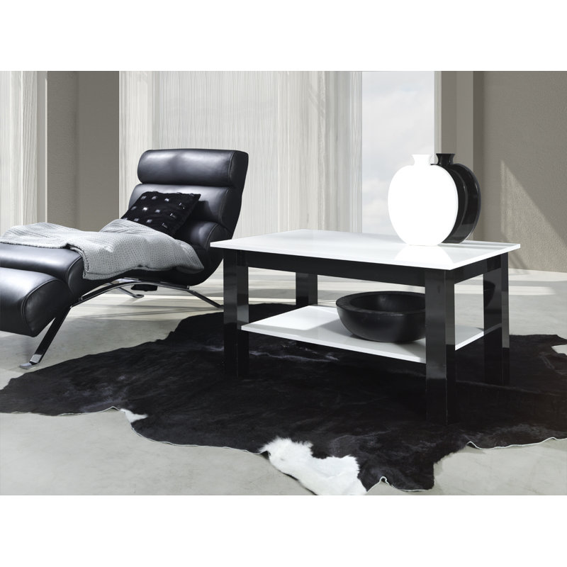 Overcash Four Leg Coffee Table with Storage, Glossy White, Glossy Black