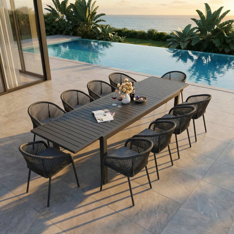 10 - Person Aluminum Rectangular Extendable Outdoor Patio Dining Set With Stackable Dining Chair, 30" H x 118" W x 35.4" D
