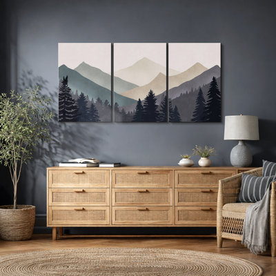 Sun Mountain Landscape "Abstract Neutral Forest Artwork, Simple Modern Minimalist Wall Pictures, Large Framed Canvas Giclee Print 3 Pieces Wall Art"