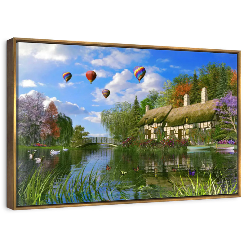 Old River Cottage, 46" X 31", Floating Frame Gold