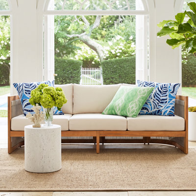 Yahir 76.77'' Wide Modern Acacia Wood 3-Seater Patio Sofa with Curved Tub Design and Woven Rope Accents