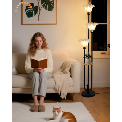 Floral floor lamp, suitable for living room, adjustable light vintage floor lamp, with storage rack and bulb, medieval black floral design, tall floor lamp, 5-pound base, suitable for bedroom/side of sofa/corner decoration