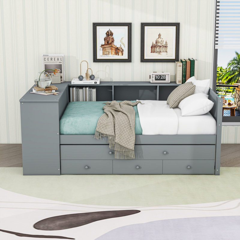 Lit de jour avec couchette, tiroirs de rangement et tablettes, Gris, Lit simple