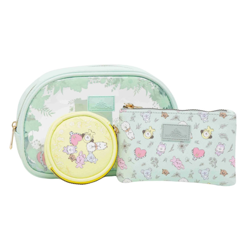 Coiffeuse Impression BT21 3 pièces Ensemble de trousses de maquillage avec grandes, moyennes et petites pochettes, organisation de maquillage avec pochette intérieure, matériau en PVC transparent, trousse de toilette de voyage pour les essentiels quotidiens des femmes