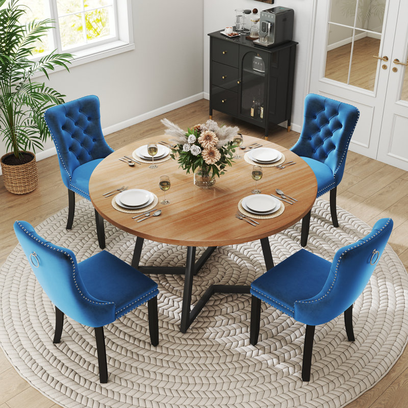 Ensemble de salle à manger rond en bois avec chaise en velours, Brun, Noir