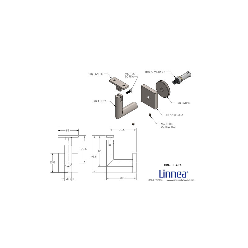 Concrete Mount Handrail Bracket with Square Rose and Flat Plate, Satin Stainless Steel