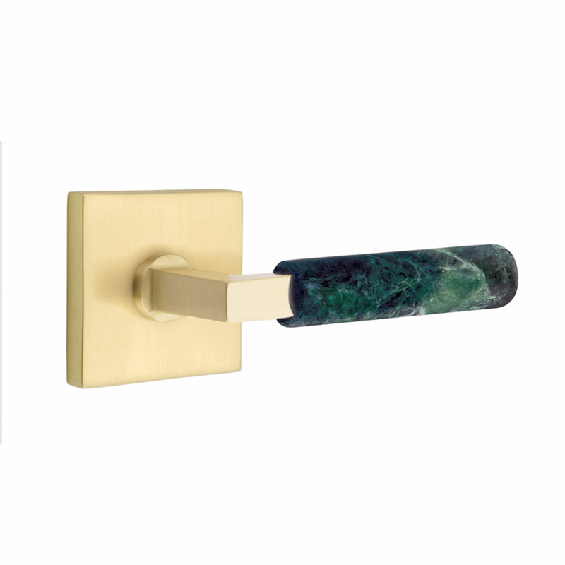 Ensemble de leviers d'intimité Emtek Select, rosette carrée, tige carrée en L, poignée en marbre vert, CF, Laiton satiné