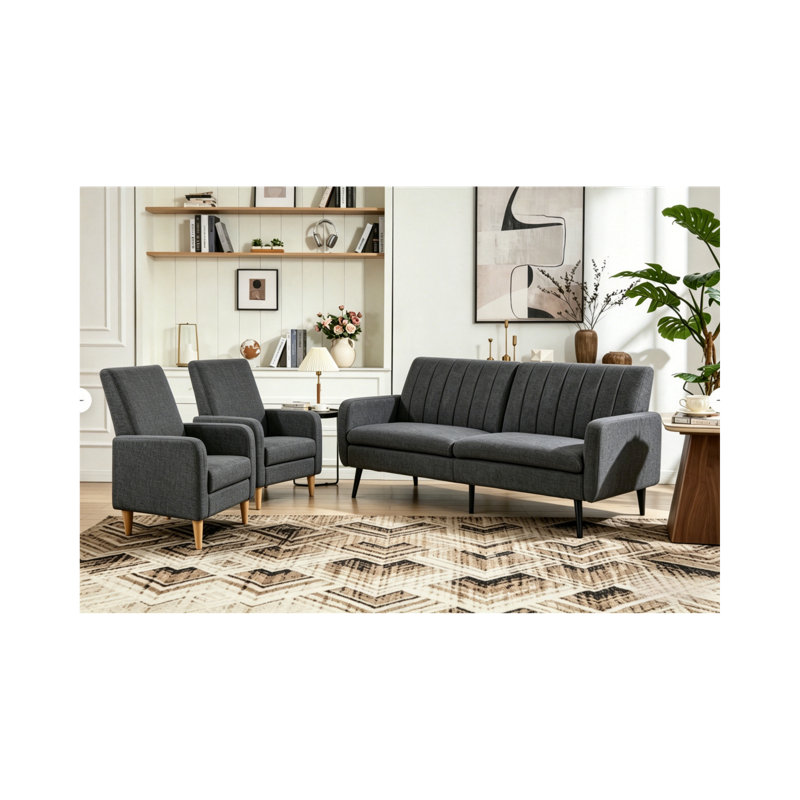 Modern Upholstered Living Room Set With Wooden Legs & Convertible Backrest, Dark Grey, 3 Pcs: Sofa, 2 Chairs