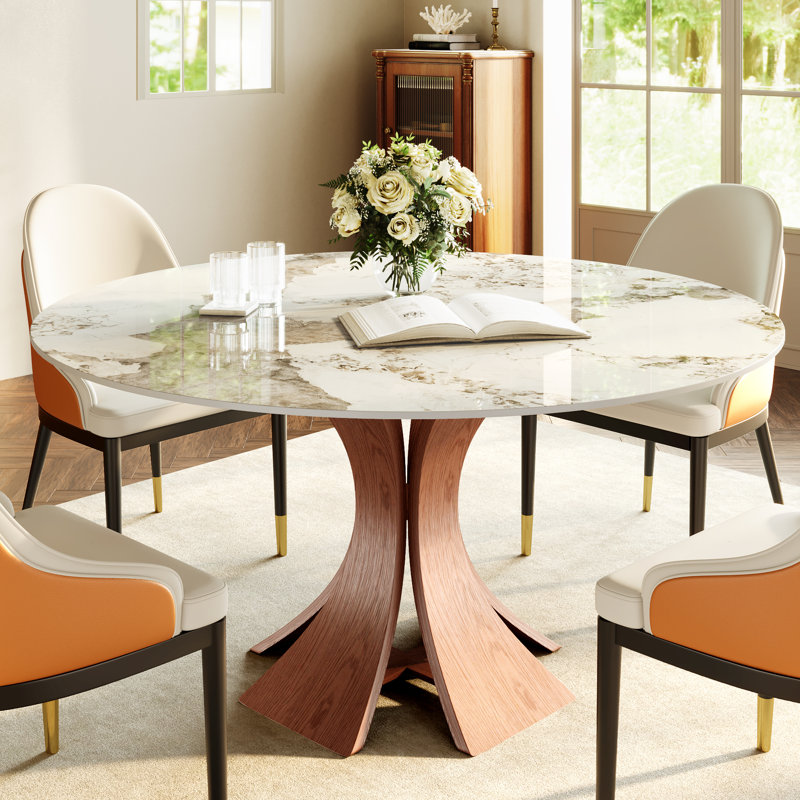 Table de salle à manger Mid-Century ronde avec plateau en pierre frittée et base en bois massif pour 2 à 6 personnes, Pandora