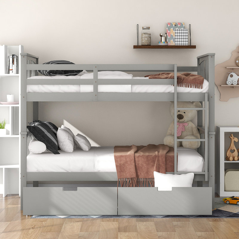 Lit superposé double sur double avec tiroirs et échelle pour chambre à coucher, gris