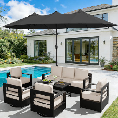 Ensemble de canapé d'extérieur en aluminium pour 7 personnes, 4 chaises et table basse avec parasol et coussins