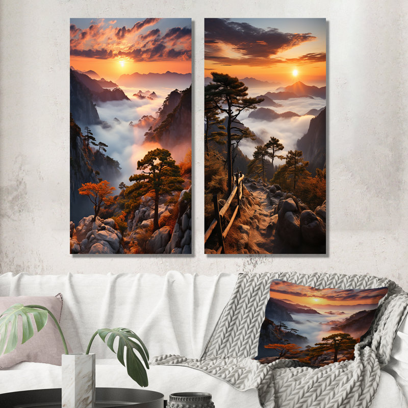 Mountain Forest Sunset Silhouette I - ensemble de 2 décorations murales forêt, H 28 po x l 25 po, Toile tendue
