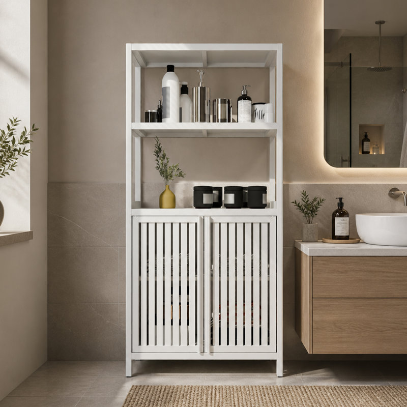 Armoire de rangement en bambou avec 2 portes et tablettes ouvertes pour la salle de bain