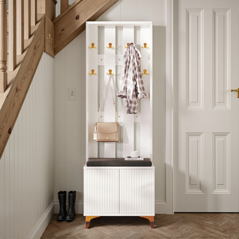 Modern Ribbed Hall Tree With Shoe Storage, Hallway Unit With Padded Bench, Hall Stand With 8 Gold Hooks, White