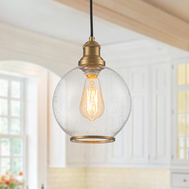 Modern Vintage Brass 1-Light Seeded Clear Glass Dome Pendant Light 