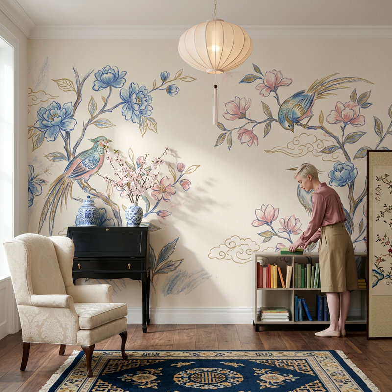 Papier peint chinois avec branches murales amovibles fleurs chinoises, 200 po x 120 po, Peler et coller