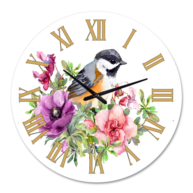 Mignon oiseau en fleurs roses et mauves - Horloge murale traditionnelle, Grand