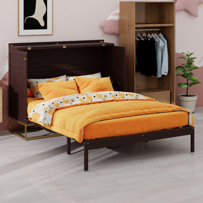 Stylish Wall Murphy Bed Frame with Wooden Doors, Fake Drawers and Practical Metal Legs