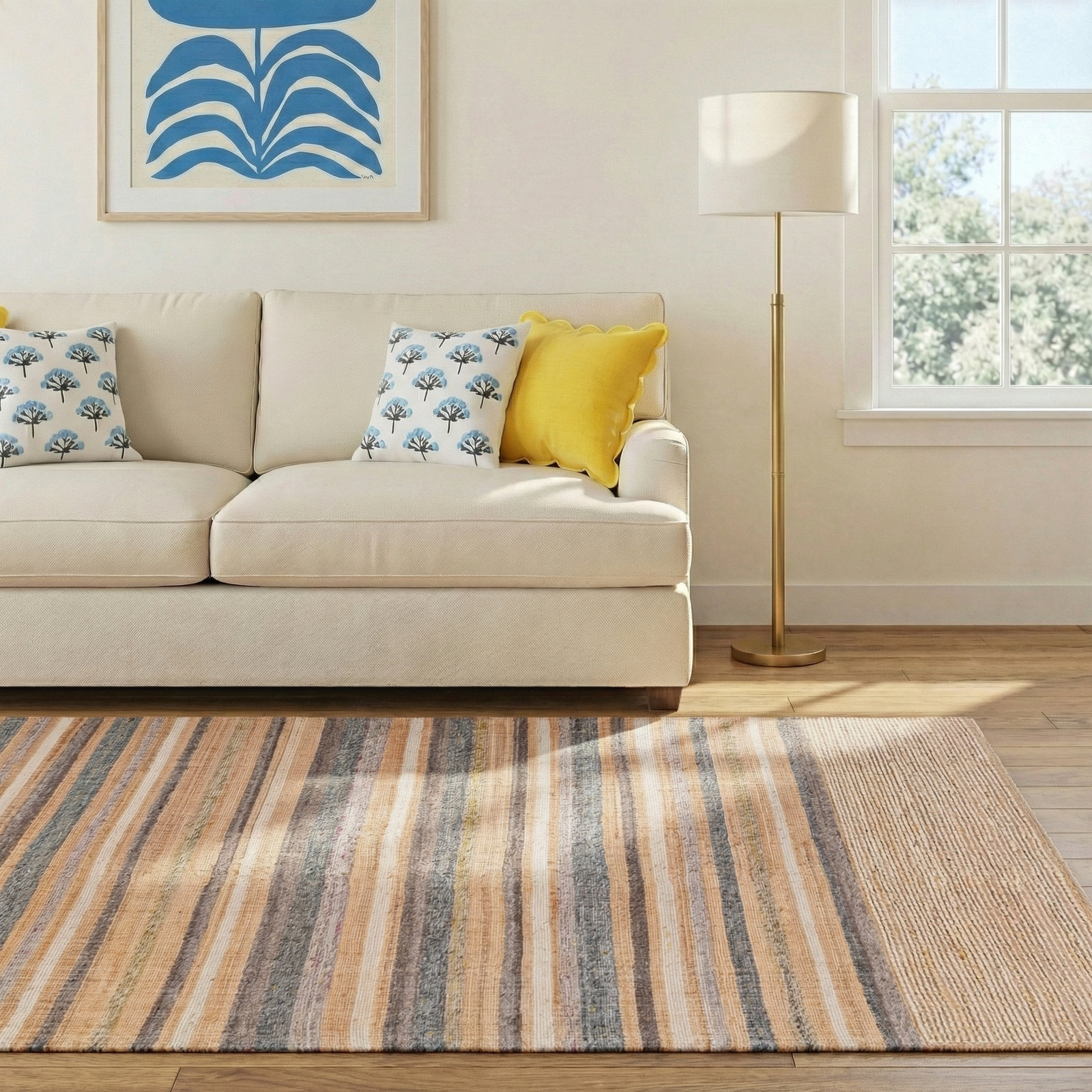 Naper Beige Gray Blue Flatweave Striped Jute Rug, Rectangle 5' x 8'