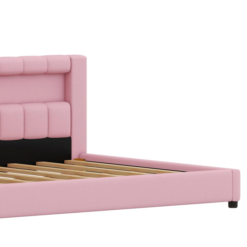 Smart Upholstered Low-Profile Bed with Connected USB Hub and Decorative Light Belt, Pink