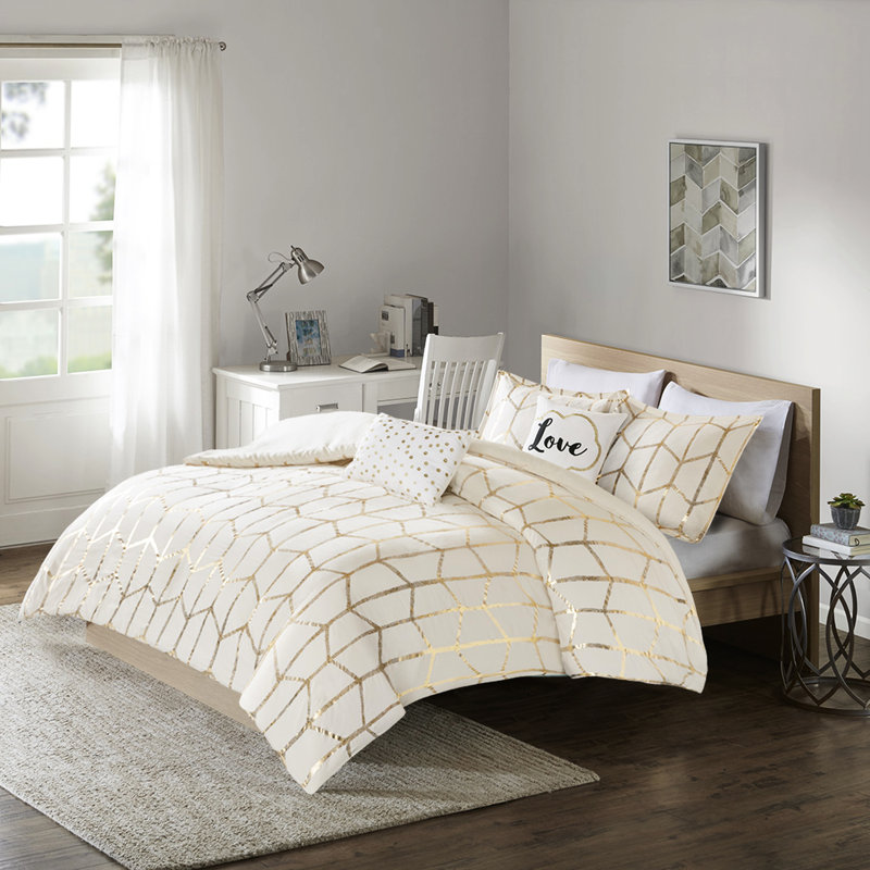 Housse de couette simple / simple TG avec imprimé géométrique doré métallique - microfibre douce, fermeture à boutons, 2 taies décoratives, coussins décoratifs et détails de typographie